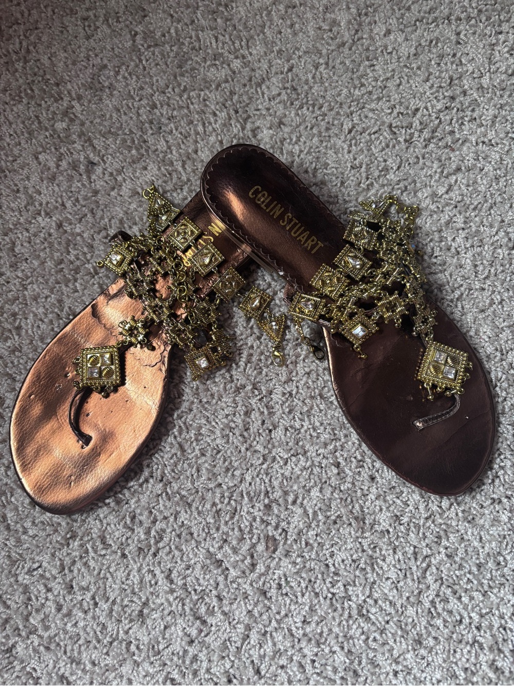 Colin Stuart Metallic Bronze Slide Sandals with Gold Jeweled Embellishments